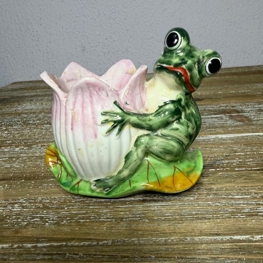 Vintage Styson Planter Frog Pink Tulip 1950 Made in Occupied Japan Pink  Kitschy